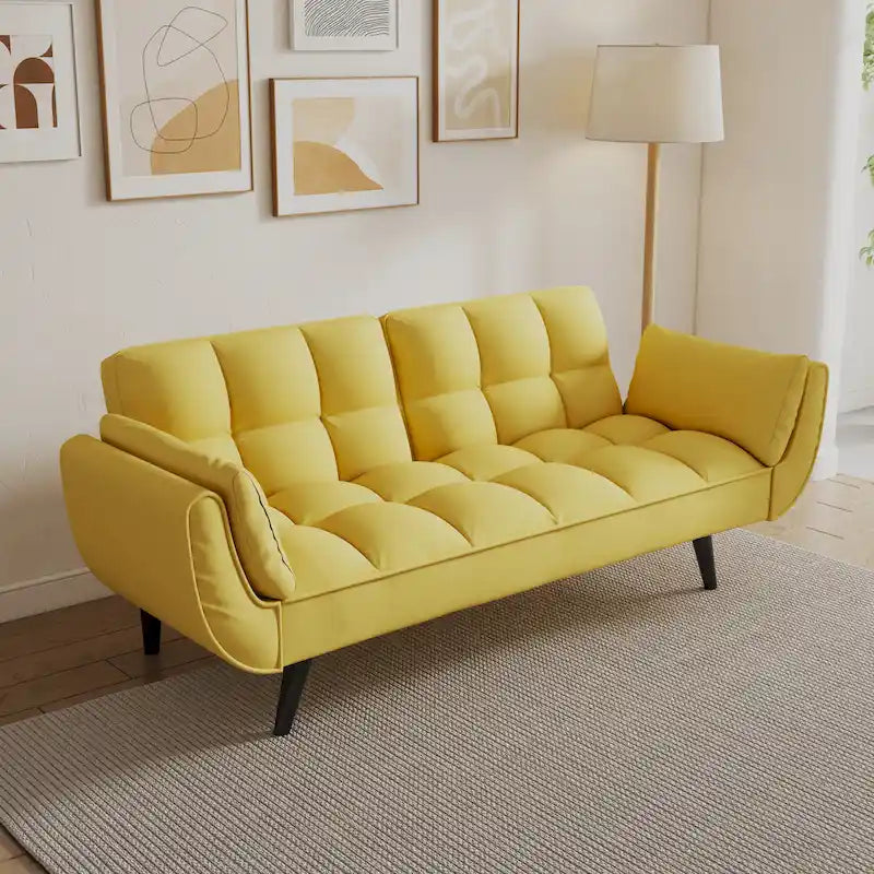 Canapé jaune avec accoudoirs et coussin décoratif - Canapé-lit confortable pour petits espaces, idéal pour les appartements