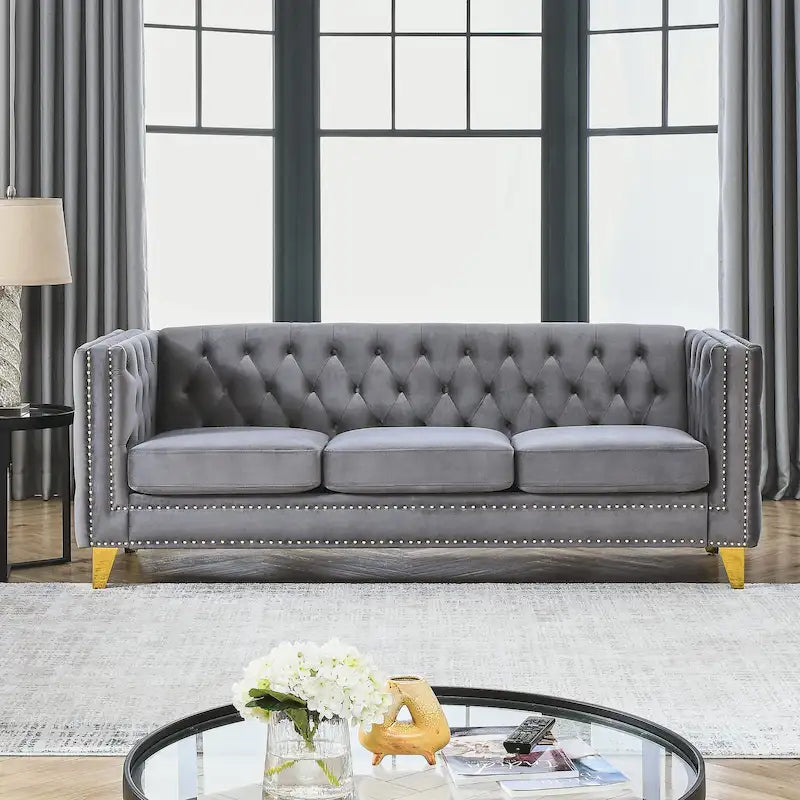 Canapé 3 places gris 80,5 en velours touffeté avec clous décoratifs