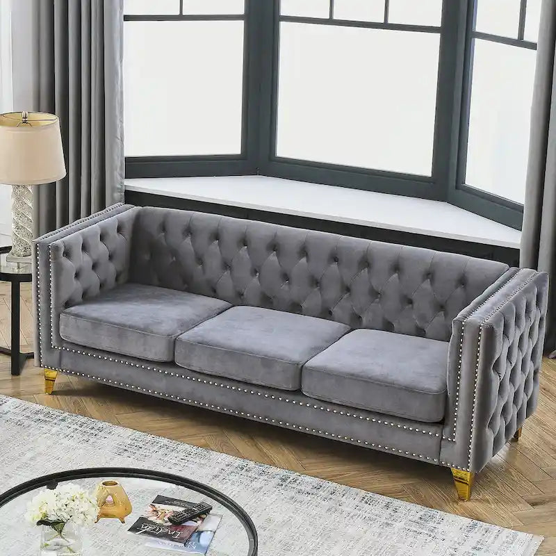 Canapé 3 places gris 80,5 en velours touffeté avec clous décoratifs