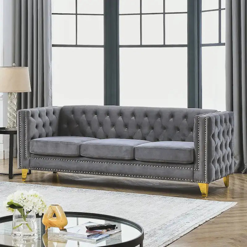 Canapé 3 places gris 80,5 en velours touffeté avec clous décoratifs