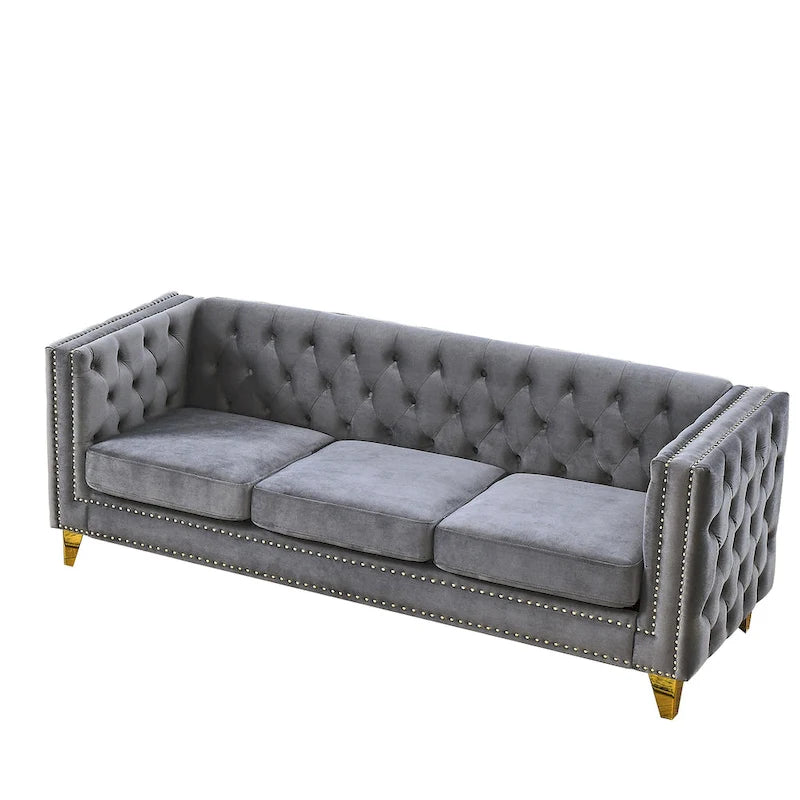 Canapé 3 places gris 80,5 en velours touffeté avec clous décoratifs