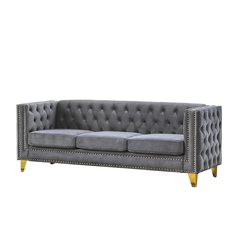 Canapé 3 places gris 80,5 en velours touffeté avec clous décoratifs