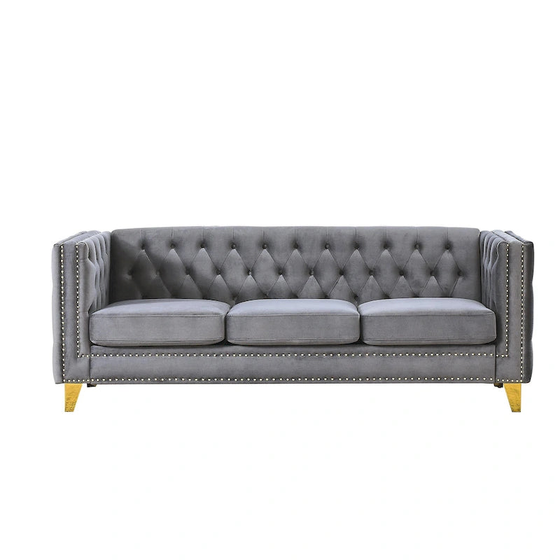 Canapé 3 places gris 80,5 en velours touffeté avec clous décoratifs