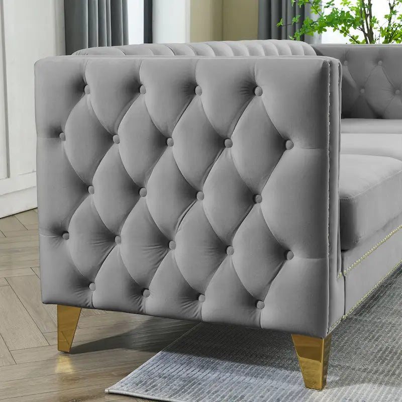 Canapé 3 places gris 80,5 en velours touffeté avec clous décoratifs
