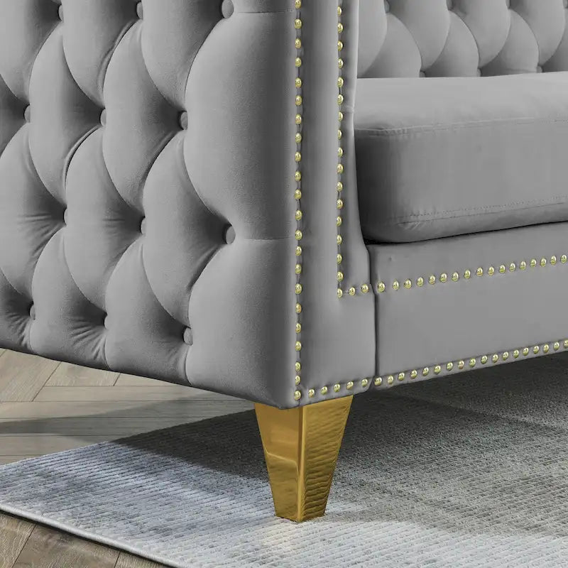 Canapé 3 places gris 80,5 en velours touffeté avec clous décoratifs