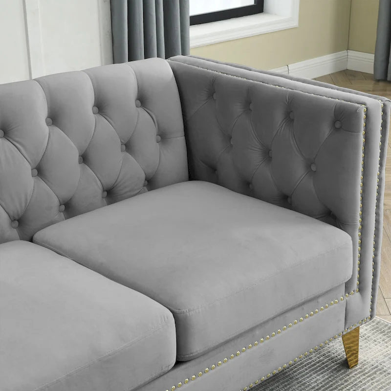 Canapé 3 places gris 80,5 en velours touffeté avec clous décoratifs