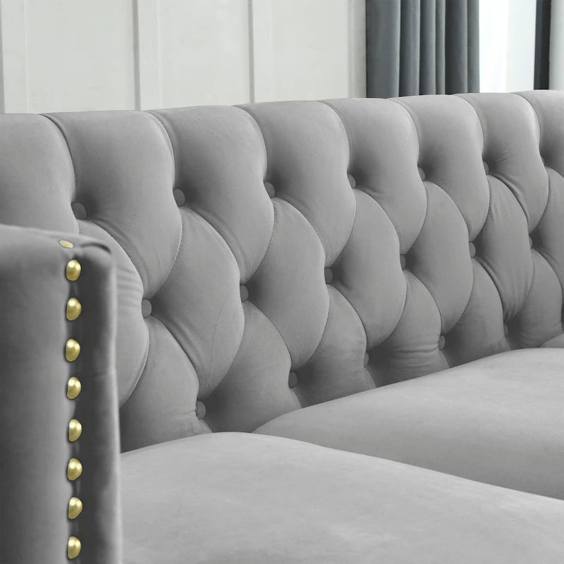 Canapé 3 places gris 80,5 en velours touffeté avec clous décoratifs