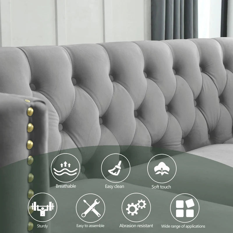 Canapé 3 places gris 80,5 en velours touffeté avec clous décoratifs