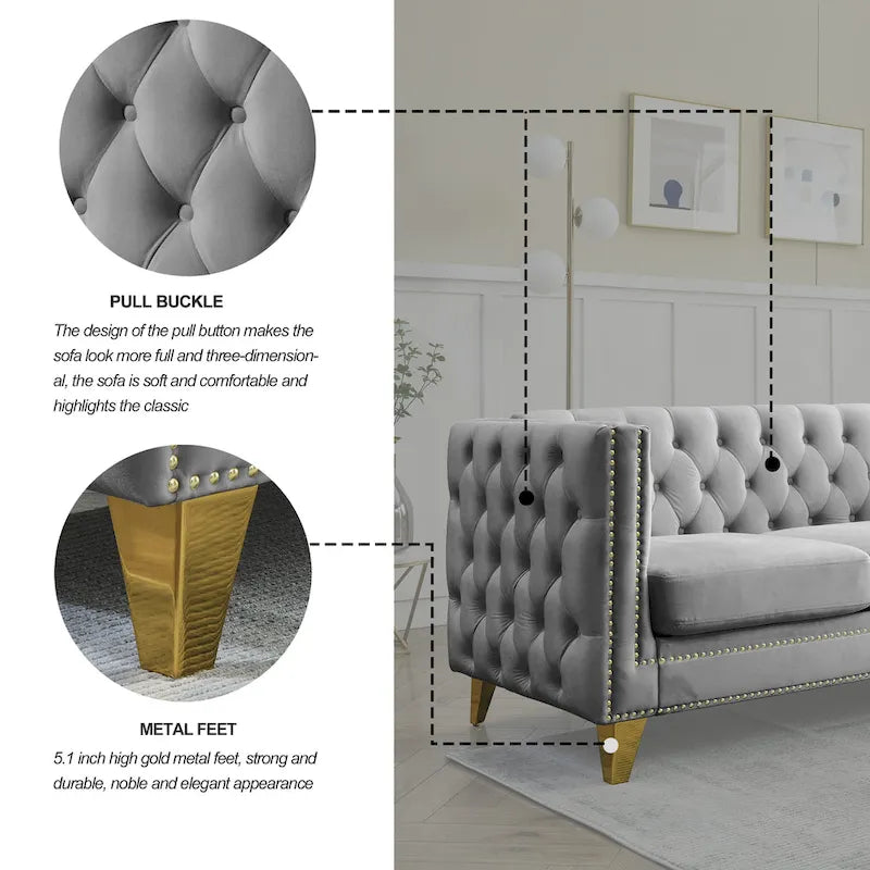 Canapé 3 places gris 80,5 en velours touffeté avec clous décoratifs
