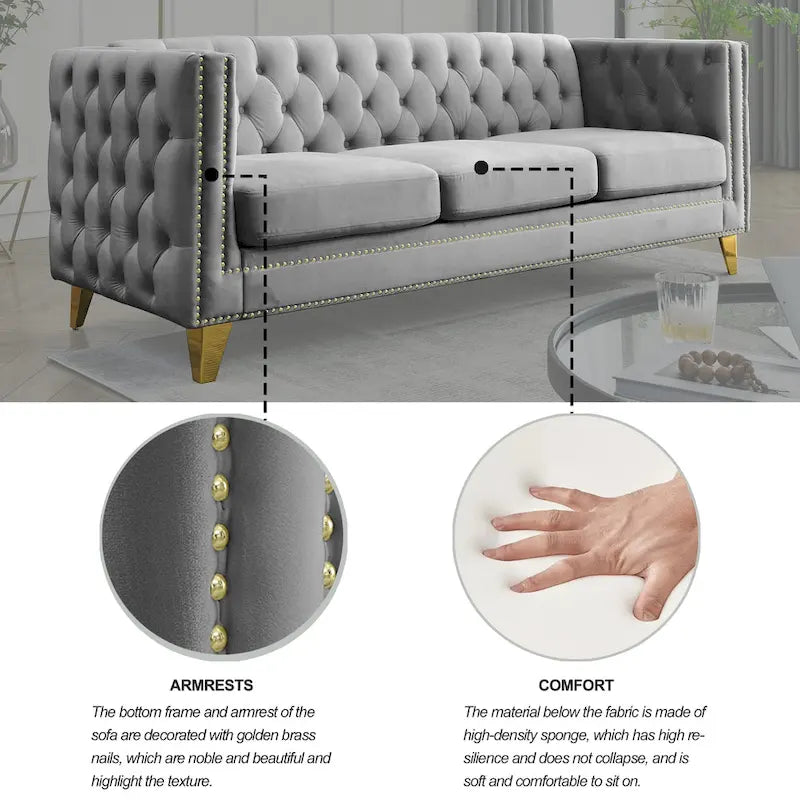 Canapé 3 places gris 80,5 en velours touffeté avec clous décoratifs