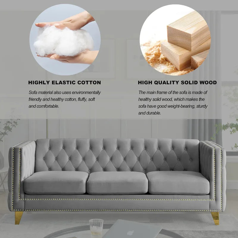Canapé 3 places gris 80,5 en velours touffeté avec clous décoratifs