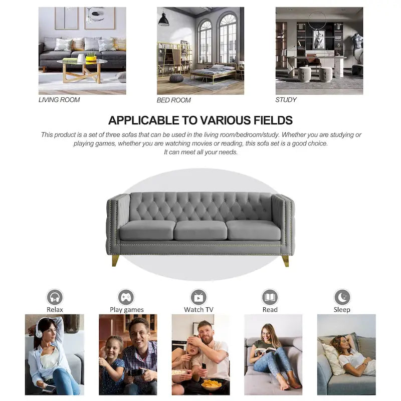 Canapé 3 places gris 80,5 en velours touffeté avec clous décoratifs