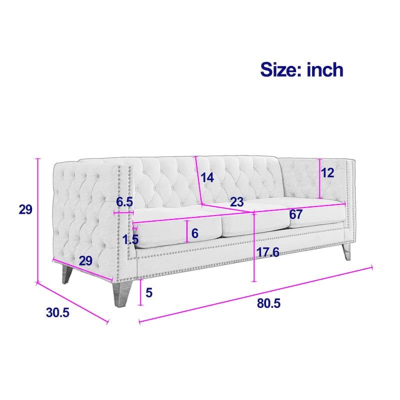 Canapé 3 places gris 80,5 en velours touffeté avec clous décoratifs
