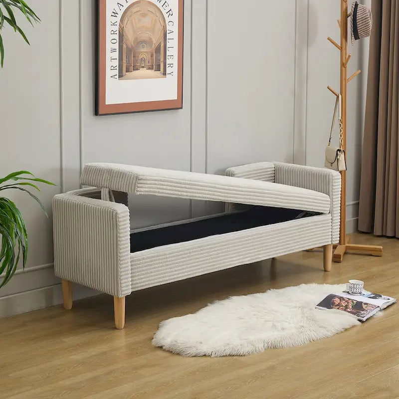 65.35 Banquette de rangement en velours côtelé avec accoudoirs, dossier et deux oreillers