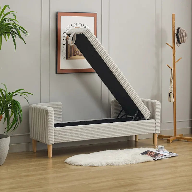 65.35 Banquette de rangement en velours côtelé avec accoudoirs, dossier et deux oreillers