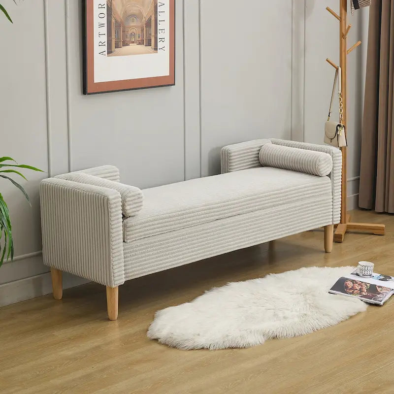 65.35 Banquette de rangement en velours côtelé avec accoudoirs, dossier et deux oreillers