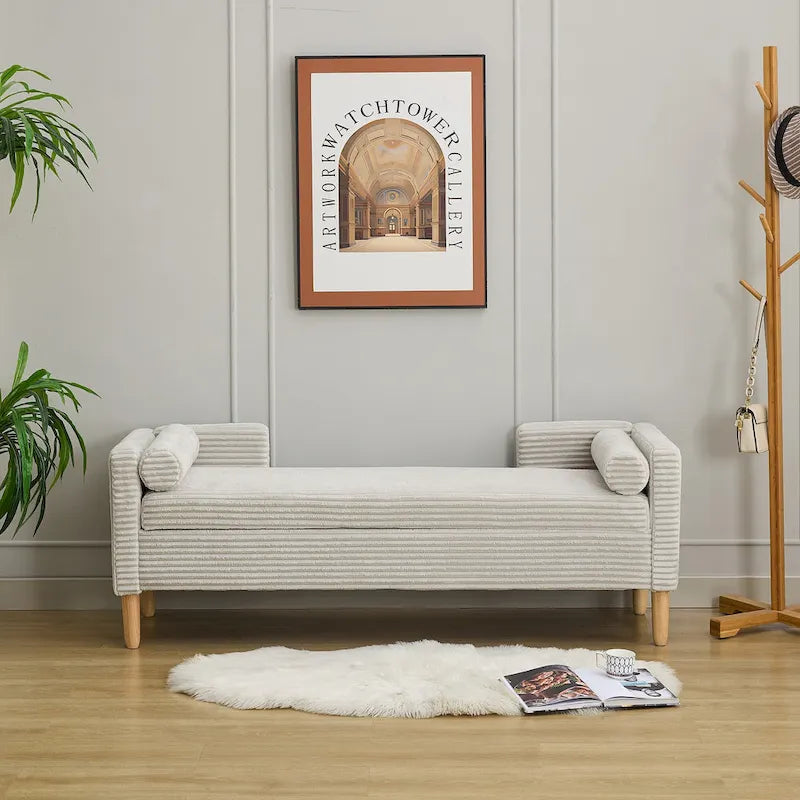 65.35 Banquette de rangement en velours côtelé avec accoudoirs, dossier et deux oreillers