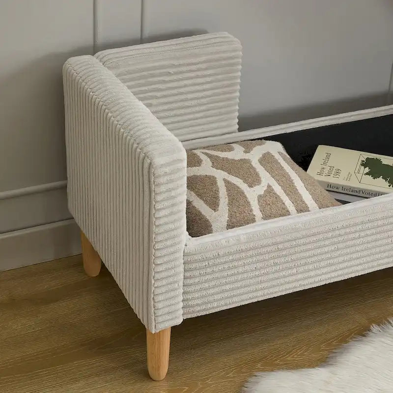 65.35 Banquette de rangement en velours côtelé avec accoudoirs, dossier et deux oreillers