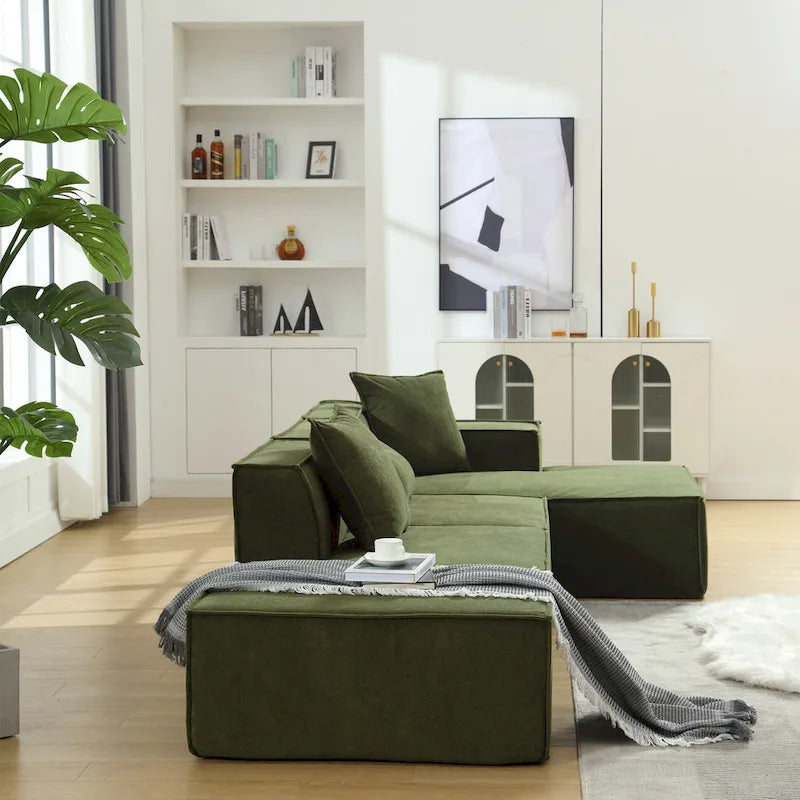 Canapé d'angle modulable minimaliste en L pour 4 personnes avec méridienne, design polyvalent à combinaison libre - Vert 129,5
