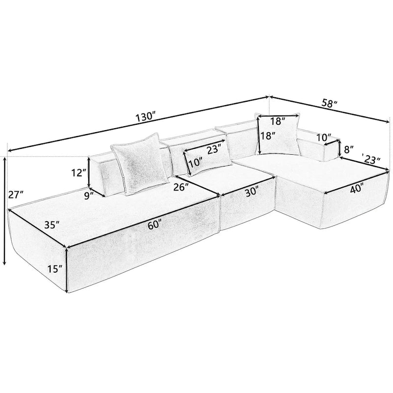 Canapé d'angle modulable minimaliste en L pour 4 personnes avec méridienne, design polyvalent à combinaison libre - Vert 129,5