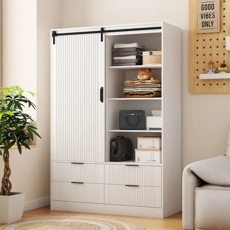 47.24 Armoire Moderne avec Tringle à Vêtements, Tiroirs et Étagères Ouvertes pour Chambre à Coucher