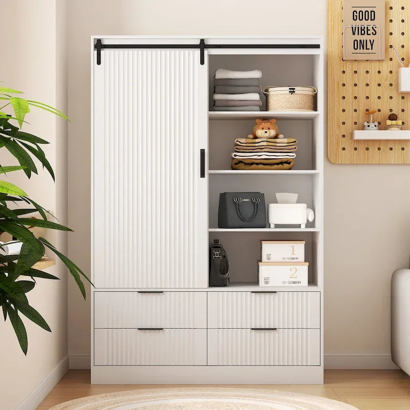 47.24 Armoire Moderne avec Tringle à Vêtements, Tiroirs et Étagères Ouvertes pour Chambre à Coucher