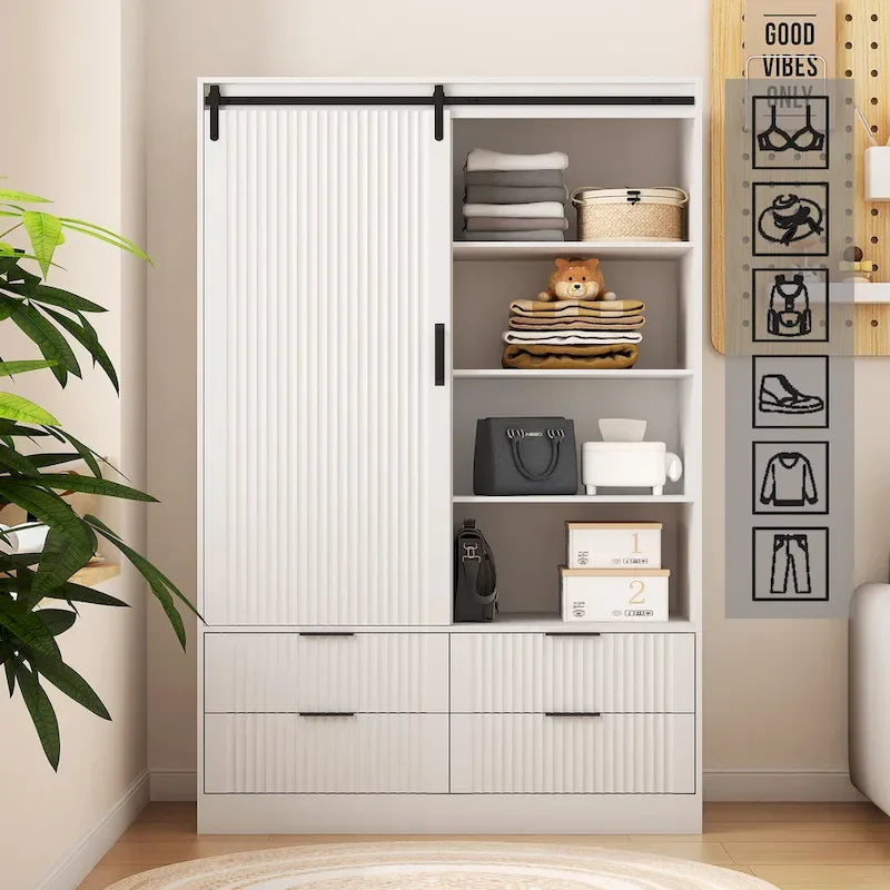 47.24 Armoire Moderne avec Tringle à Vêtements, Tiroirs et Étagères Ouvertes pour Chambre à Coucher