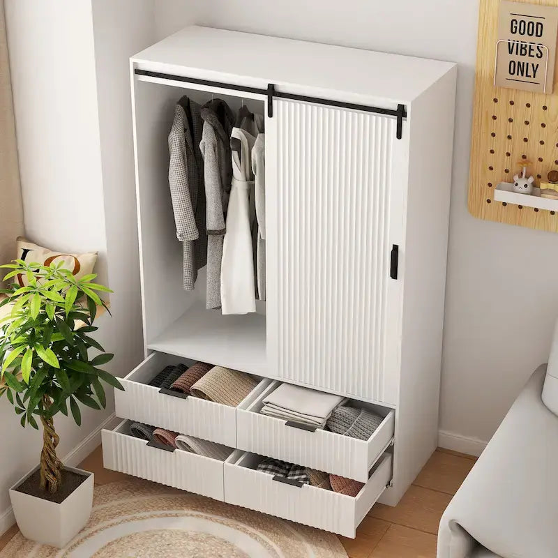 47.24 Armoire Moderne avec Tringle à Vêtements, Tiroirs et Étagères Ouvertes pour Chambre à Coucher