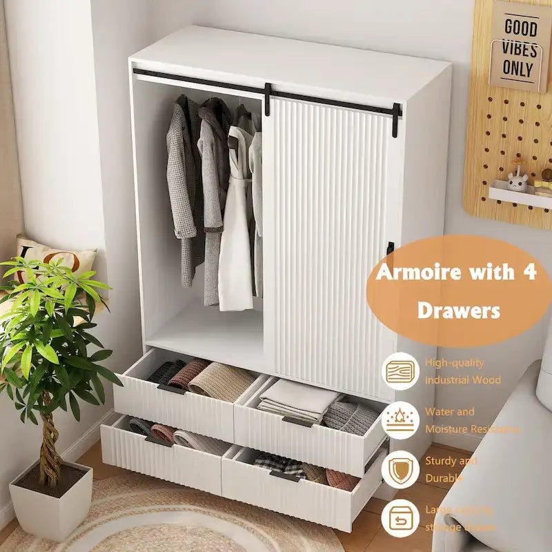 47.24 Armoire Moderne avec Tringle à Vêtements, Tiroirs et Étagères Ouvertes pour Chambre à Coucher