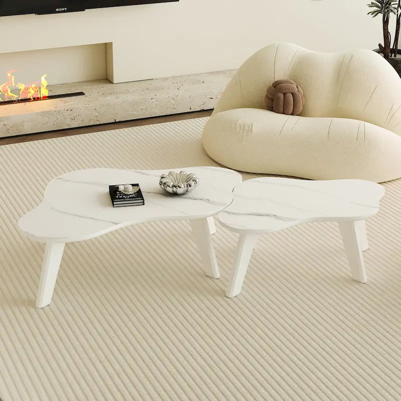 Ensemble de 2 tables basses modernes en forme de nuage avec pieds en bois massif et plateau en MDF pour salon