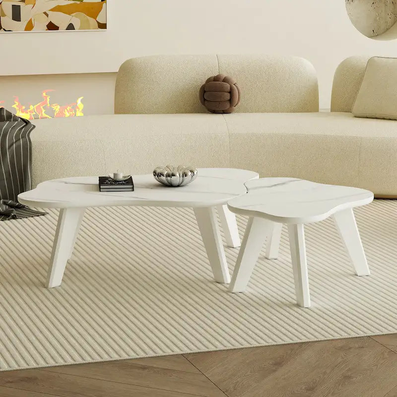 Ensemble de 2 tables basses modernes en forme de nuage avec pieds en bois massif et plateau en MDF pour salon