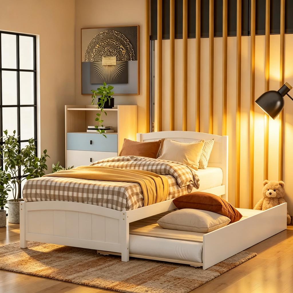 Lit plateforme capitonné Queen avec port USB et lit gigogne