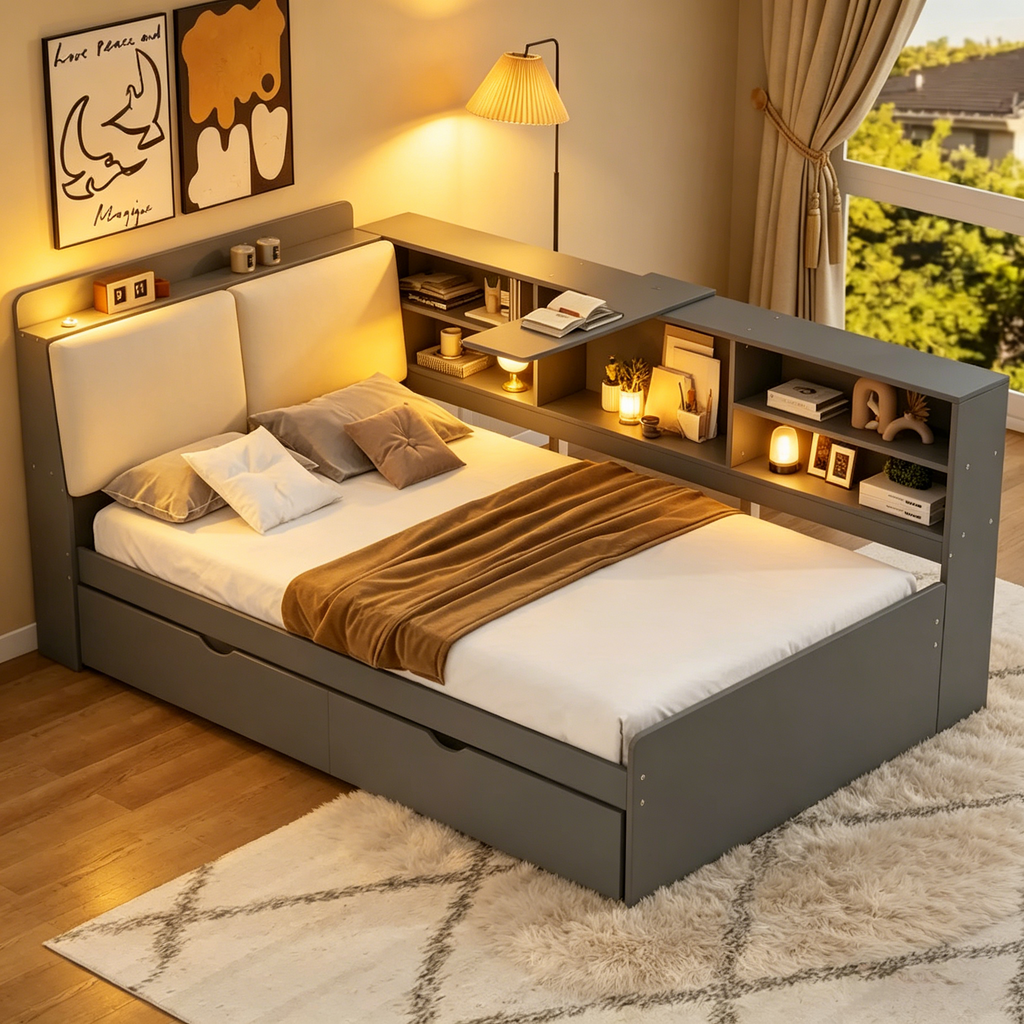Cadre de lit de repos en bois avec rangement, lit plateforme moderne avec lit gigogne et tête de lit rembourrée et étagères, aucun sommier tapissier requis