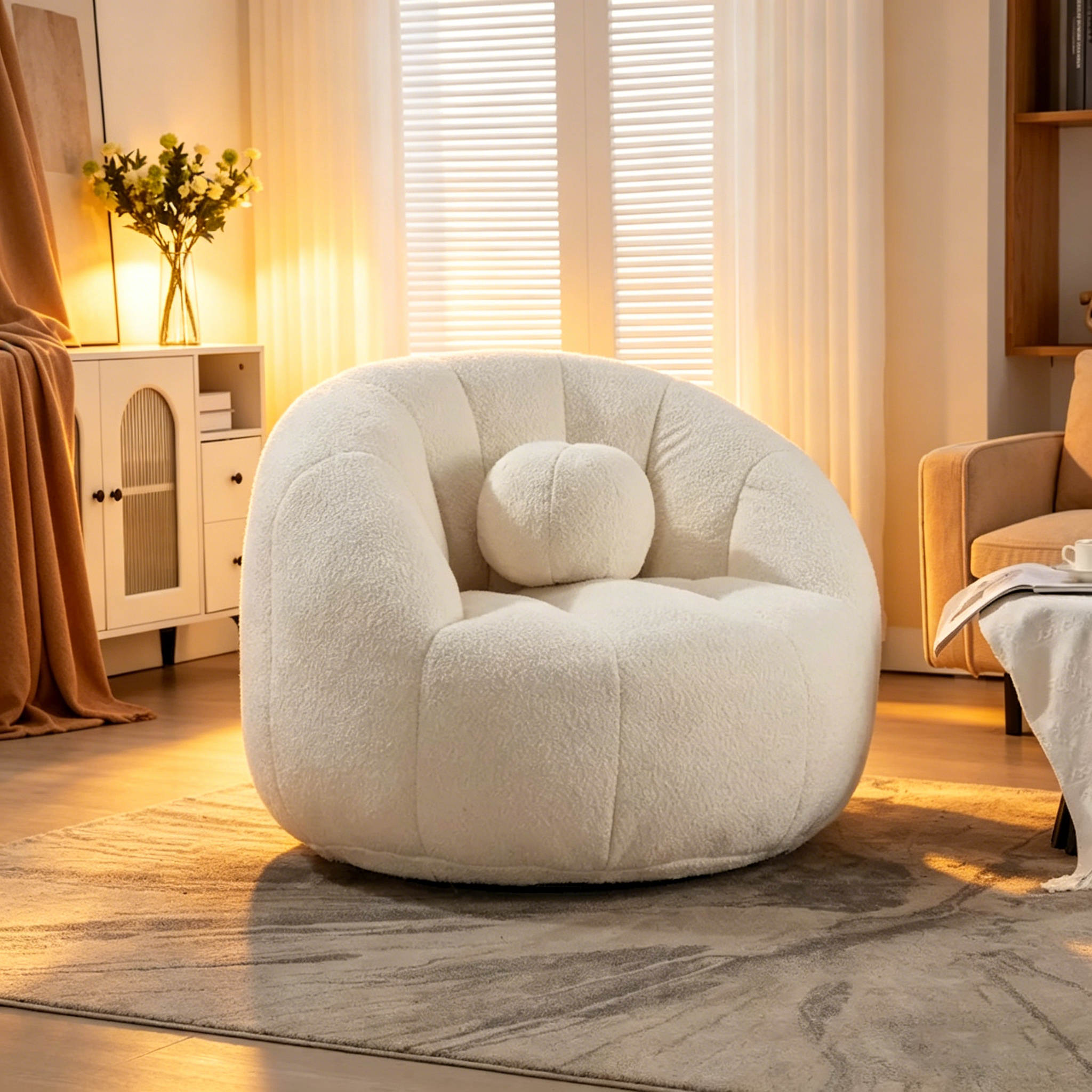 Fauteuil poire rond douillet et confortable en bouclette avec oreiller