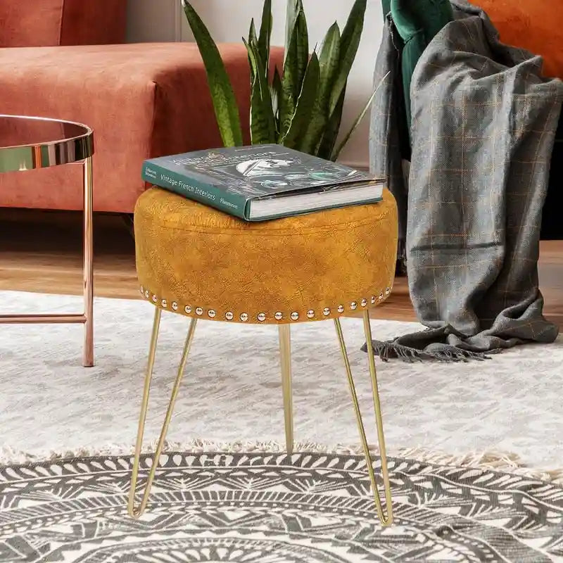 Pouf Rond en Velours avec Pieds en Métal Doré