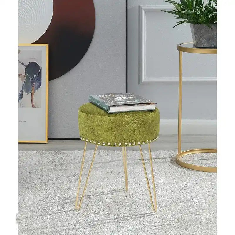 Pouf Rond en Velours avec Pieds en Métal Doré