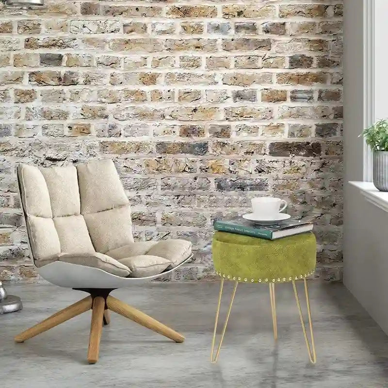 Pouf Rond en Velours avec Pieds en Métal Doré