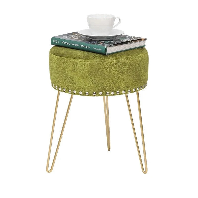Pouf Rond en Velours avec Pieds en Métal Doré