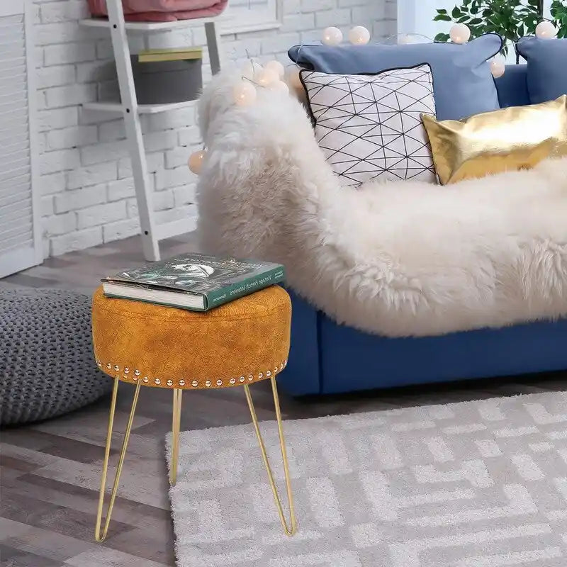 Pouf Rond en Velours avec Pieds en Métal Doré