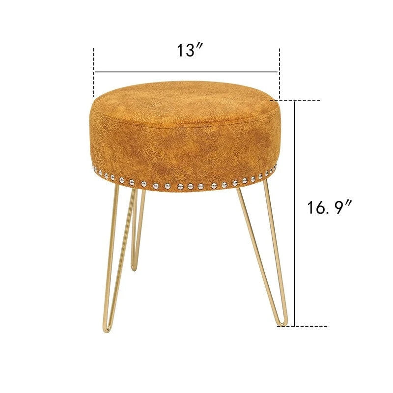 Pouf Rond en Velours avec Pieds en Métal Doré