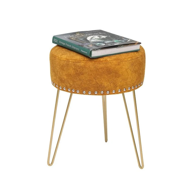 Pouf Rond en Velours avec Pieds en Métal Doré