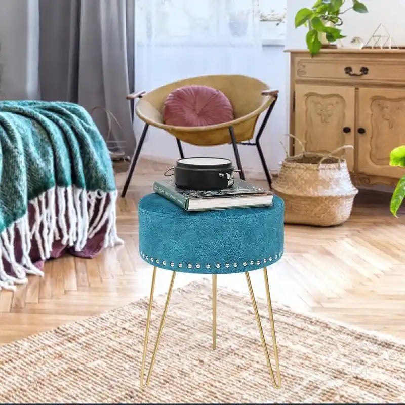 Pouf Rond en Velours avec Pieds en Métal Doré