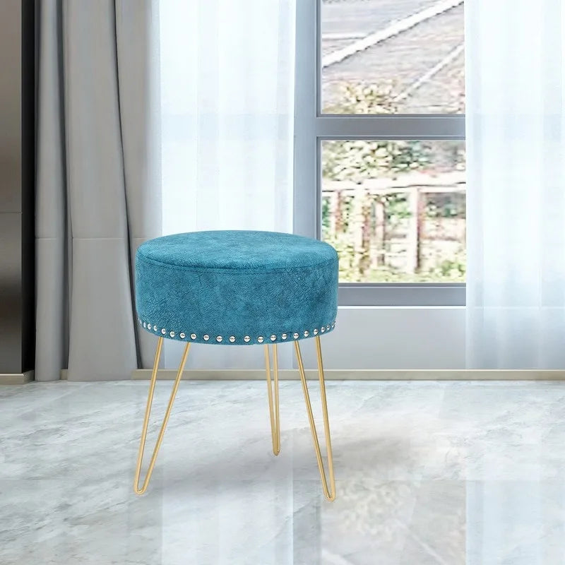 Pouf Rond en Velours avec Pieds en Métal Doré