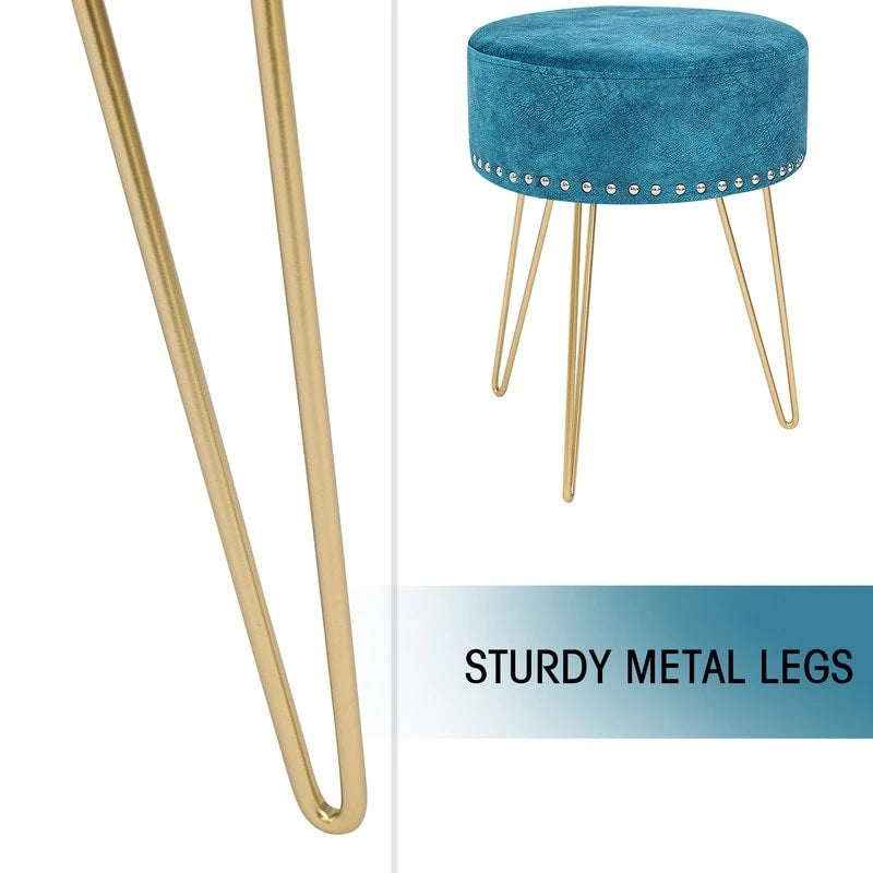 Pouf Rond en Velours avec Pieds en Métal Doré