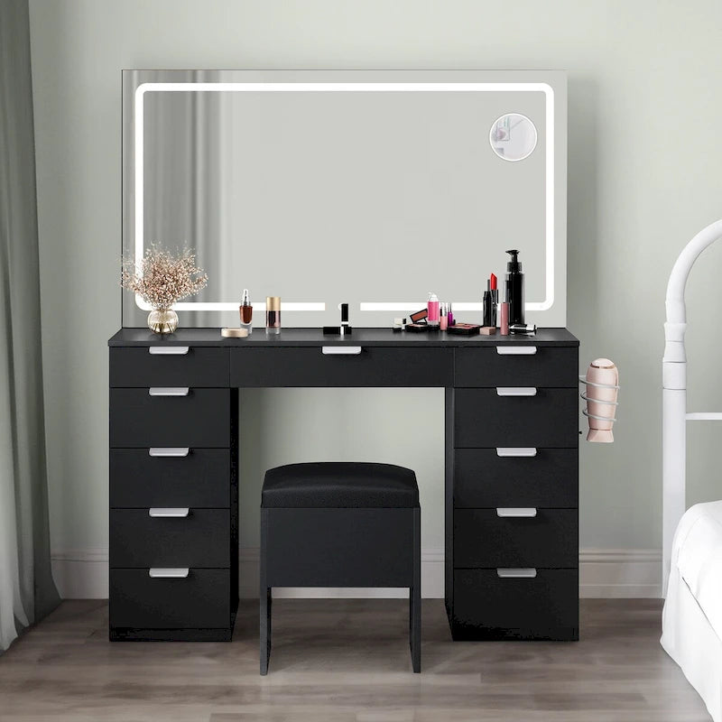 Coiffeuse 46 po avec prise intégrée, miroir éclairé et support pour sèche-cheveux – 55,8 H x 46 L x 11,7 P