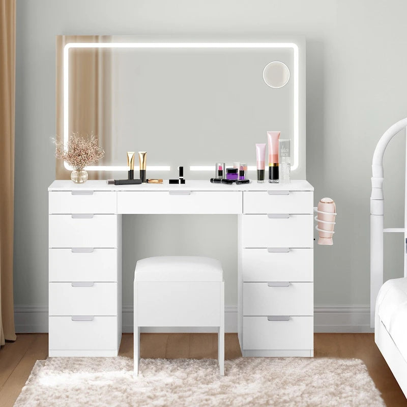Coiffeuse 46 po avec prise intégrée, miroir éclairé et support pour sèche-cheveux – 55,8 H x 46 L x 11,7 P