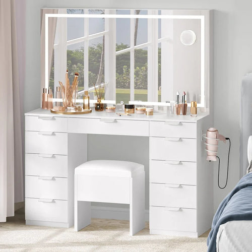 Coiffeuse 46 po avec prise intégrée, miroir éclairé et support pour sèche-cheveux – 55,8 H x 46 L x 11,7 P