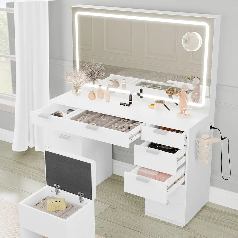 Coiffeuse 46 po avec prise intégrée, miroir éclairé et support pour sèche-cheveux – 55,8 H x 46 L x 11,7 P