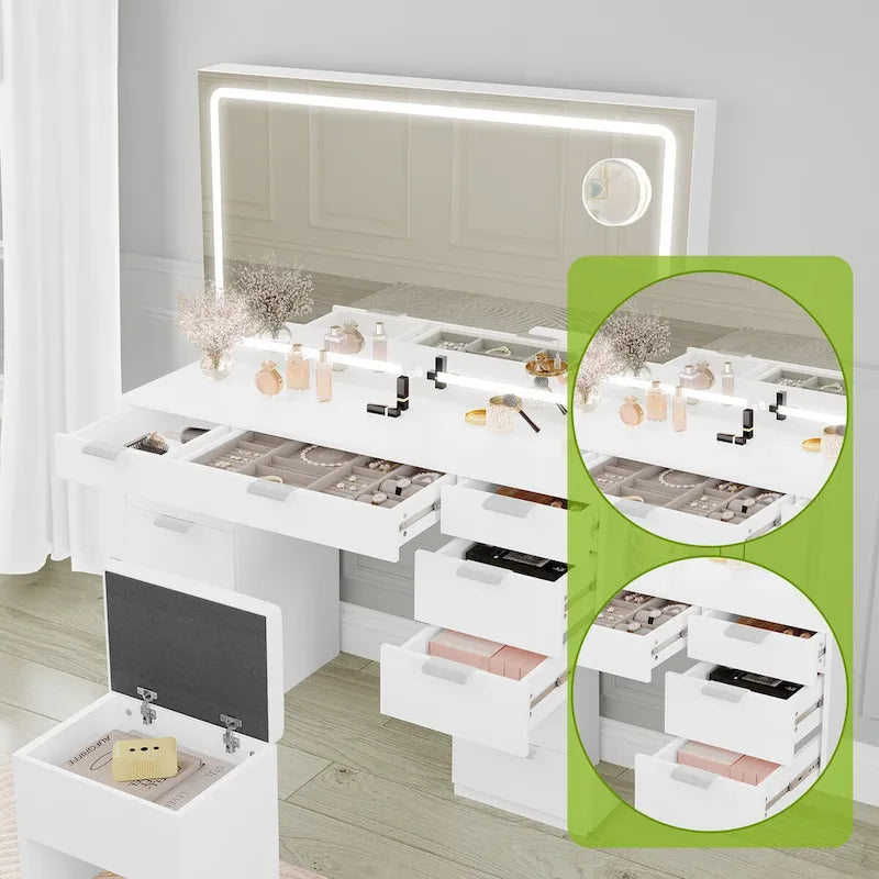 Coiffeuse 46 po avec prise intégrée, miroir éclairé et support pour sèche-cheveux – 55,8 H x 46 L x 11,7 P