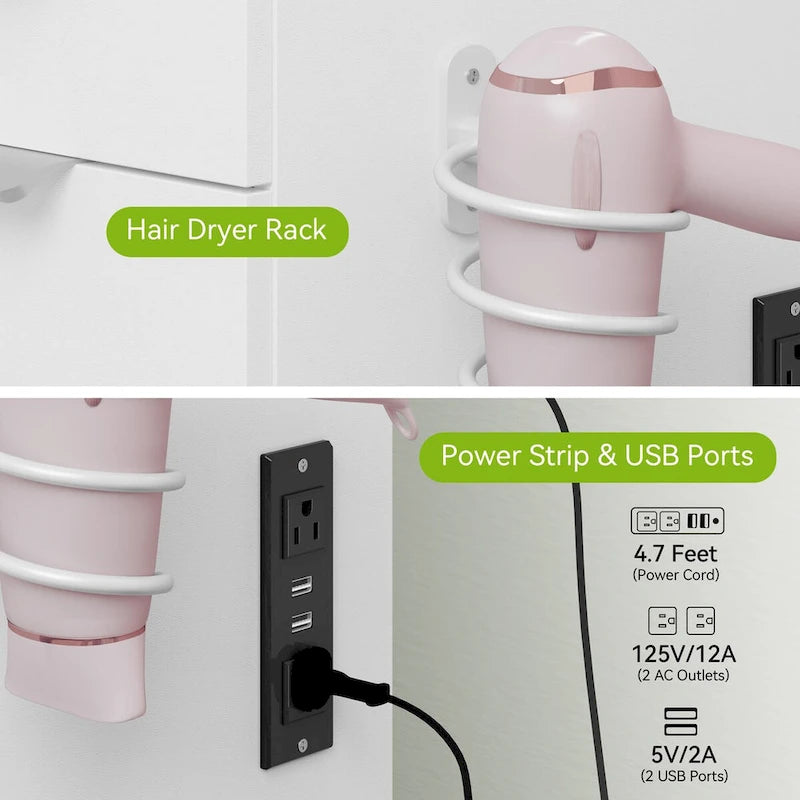 Coiffeuse 46 po avec prise intégrée, miroir éclairé et support pour sèche-cheveux – 55,8 H x 46 L x 11,7 P